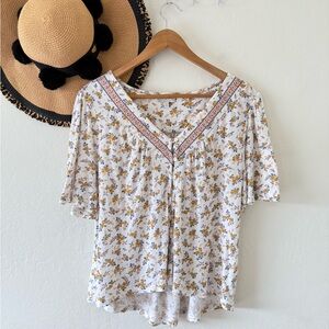 Lucky Brand Floral V-Neck Top - White and Yellow